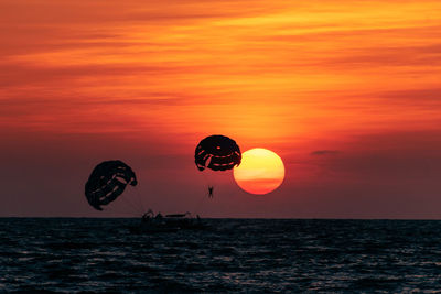 Silhouette of people parasailing in the sea at sunset time.