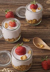 High angle view of dessert on table