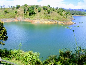 High angle view of trees by lake against sky