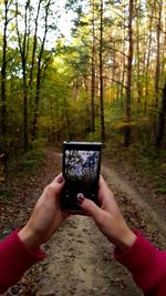 Midsection of man photographing with mobile phone in forest