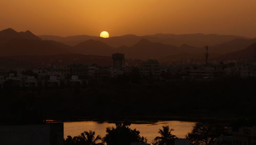 Scenic view of cityscape against sky at sunset