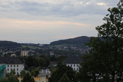 High angle shot of townscape against sky