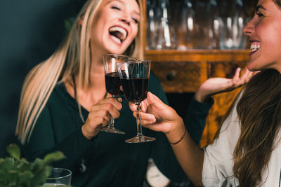 Cheerful female friends toasting wineglasses in restaurant