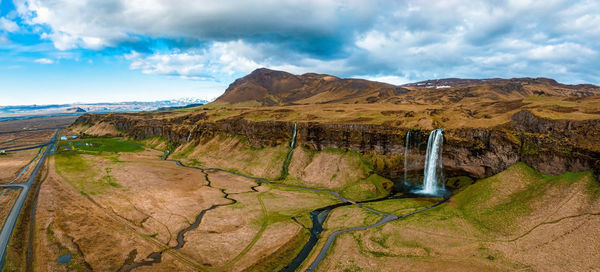 Aerial view of the seljalandsfoss - located in the south region in iceland