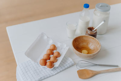 High angle view of breakfast on table