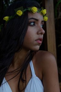 Close-up of thoughtful woman wearing tiara