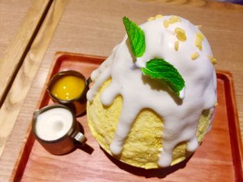 High angle view of ice cream in plate on table