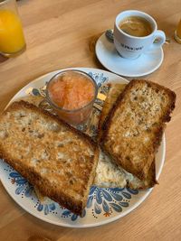 High angle view of breakfast served on table
