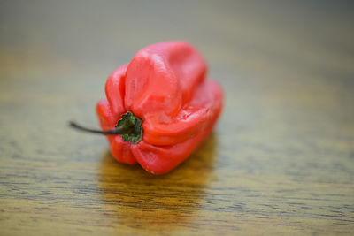 Close-up of red chili peppers on table