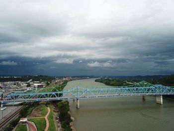 High angle view of bridge over sea against city