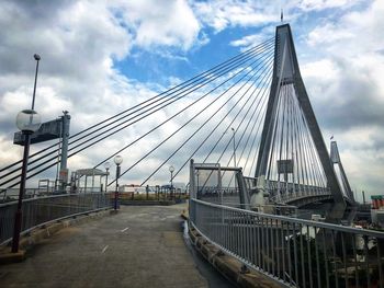 View of suspension bridge against cloudy sky