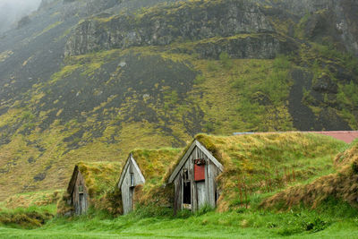 Abandoned historic turf house farm buildings in nupsstadur, iceland