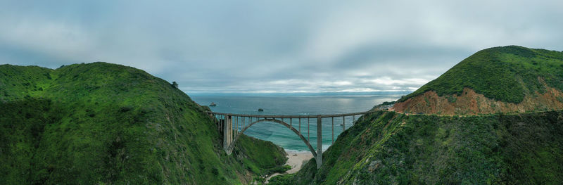 Panoramic view of bridge over bay against sky