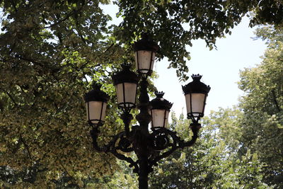 Low angle view of street light against trees