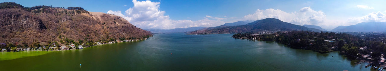 Panoramic view of lake and mountains against sky