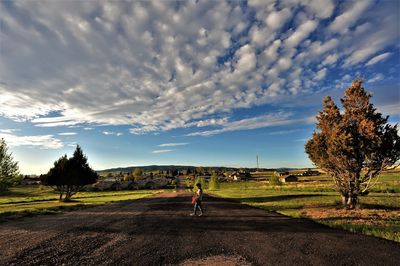 Man walking on road amidst field against sky