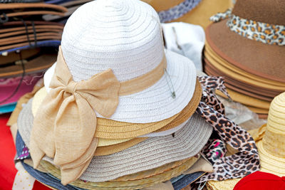 Rear view of hat on display at market stall