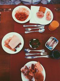 Directly above shot of breakfast served on table