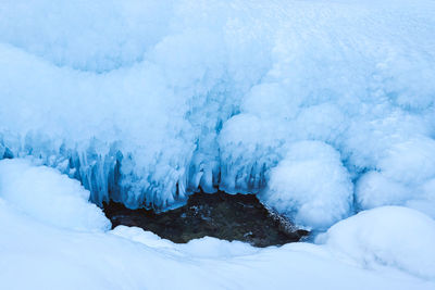 Close up of the ice on the lake in winter