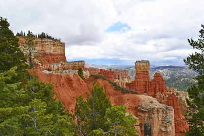 Rock formations at bryce canyon national park against cloudy sky