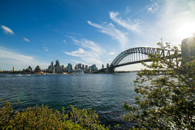 Sydney harbor bridge and city during golden hour sunset.