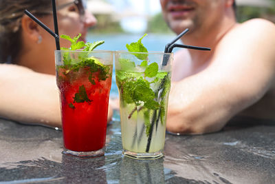 Close-up of drink on glass at swimming pool