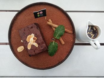 High angle view of dessert in plate on table