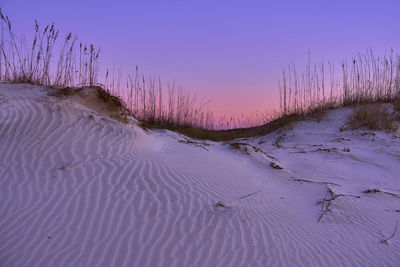 Scenic view of landscape against clear sky during sunset