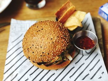 High angle view of breakfast on table