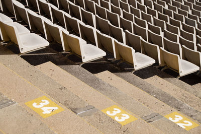 High angle view of empty chairs in stadium