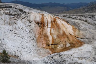 Landscape of multi colored rock formations at mammoth hot springs in yellowstone national park