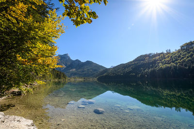 Scenic view of lake against sky on sunny day