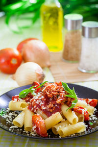 Close-up of fruit salad in plate on table