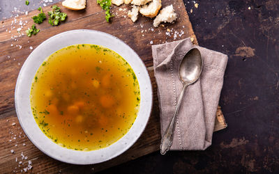 High angle view of soup in bowl on table