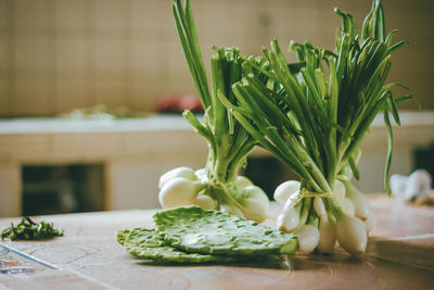 Close-up of chopped vegetables on table at home