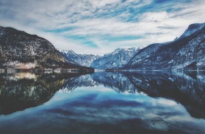 Scenic view of lake and mountains against sky