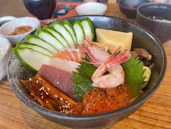 High angle view of seafood on table