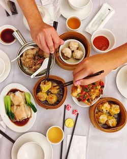 High angle view of food served on table