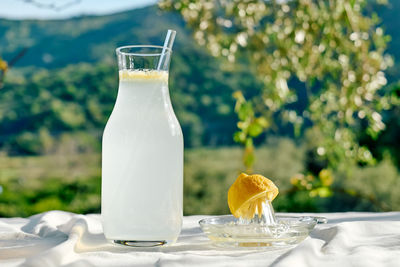 Summer refreshing lemonade drink or alcoholic cocktail with ice, rosemary and lemon slices on table