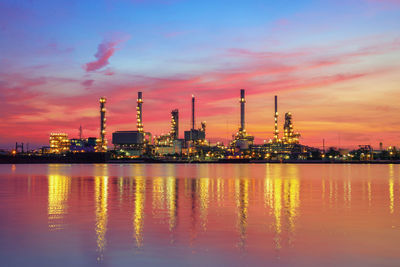 Reflection of factory against sky during sunset