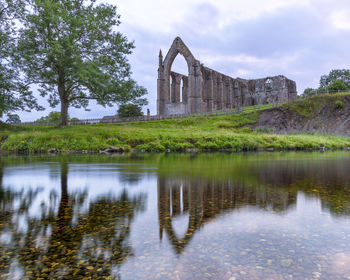 Reflection of building in lake against cloudy sky