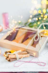 Close-up of christmas decoration on table