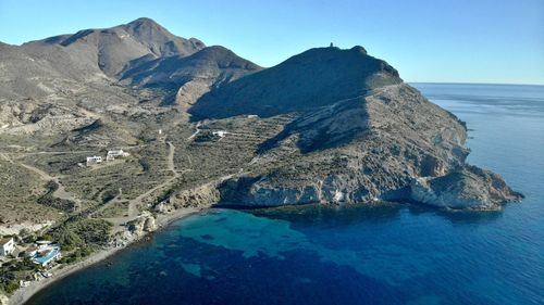 Scenic view of sea and mountains against clear blue sky