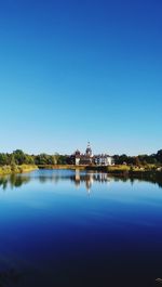 Scenic view of lake against blue sky