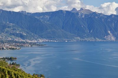 Scenic view of sea and mountains against sky