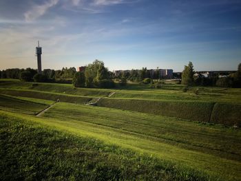 Scenic view of farm against sky