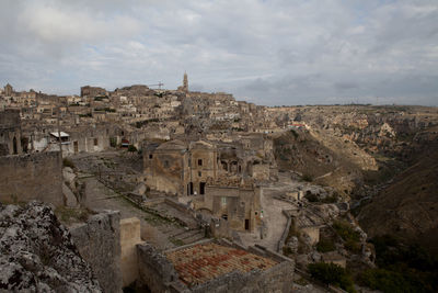 High angle view of old town against sky