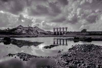 Scenic view of lake against cloudy sky