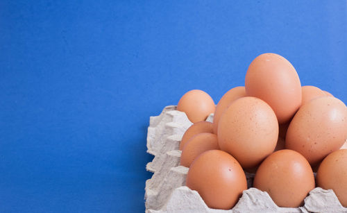 Close-up of eggs against blue background