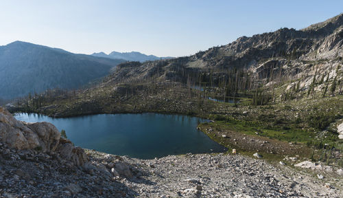 Scenic view of lake and mountains against clear sky